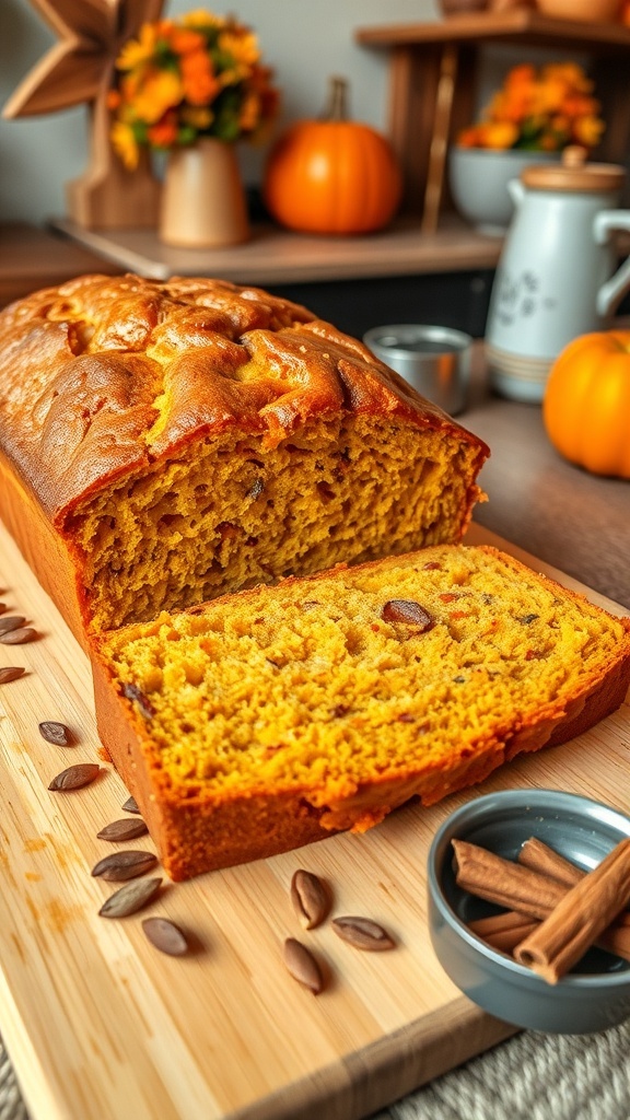 Delicious Pumpkin Bread Recipe A golden loaf of pumpkin bread sliced on a wooden board, with pumpkin seeds and cinnamon in the background.